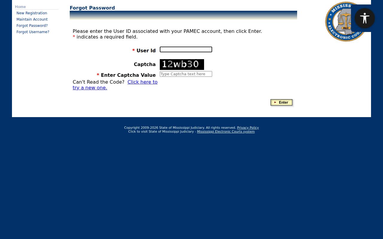 Neshoba County case lookup PAMEC forgotten-password recovery form