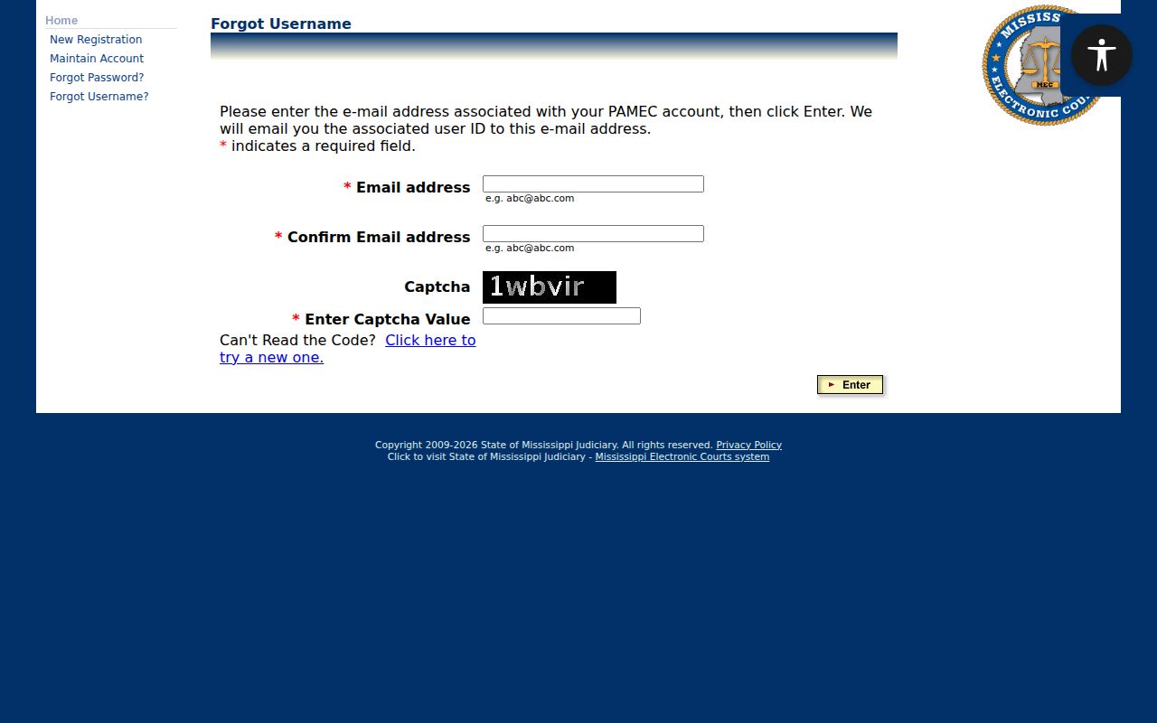 Neshoba County case lookup PAMEC forgotten-username recovery form