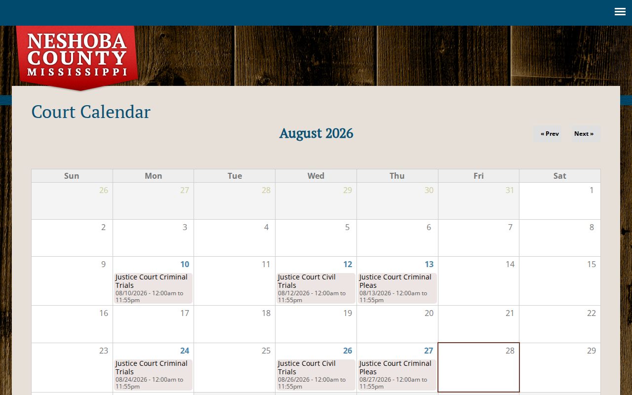 Neshoba County court calendar date navigation without case-level details