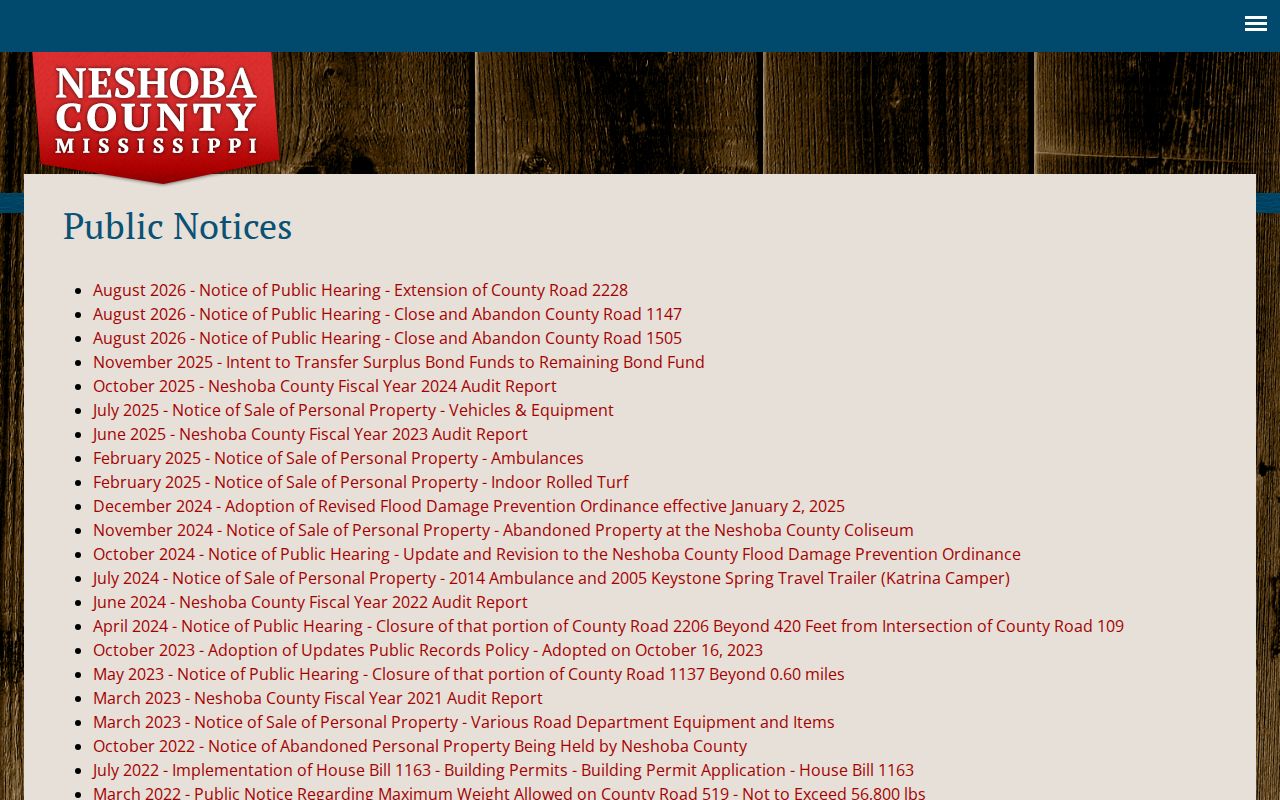 Neshoba County public notices page separate from court calendar records